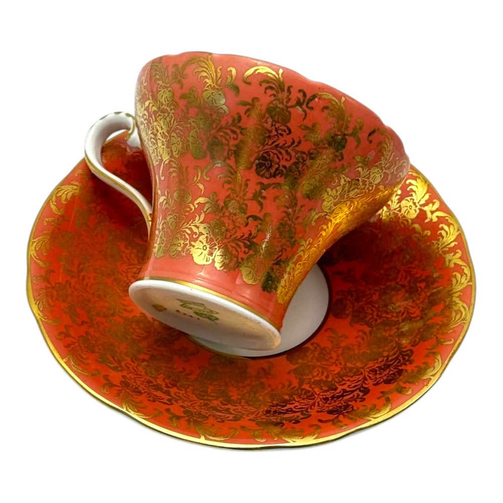 Aynsley Teacup and Saucer Gold Orange Filigree Bone China Vintage 1960s England